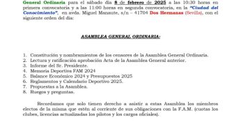 CONVOCATORIA OFICIAL DE LA ASAMBLEA GENERAL ORDINARIA 2025 EL 8 DE FEBRERO EN DOS HERMANAS – FAM