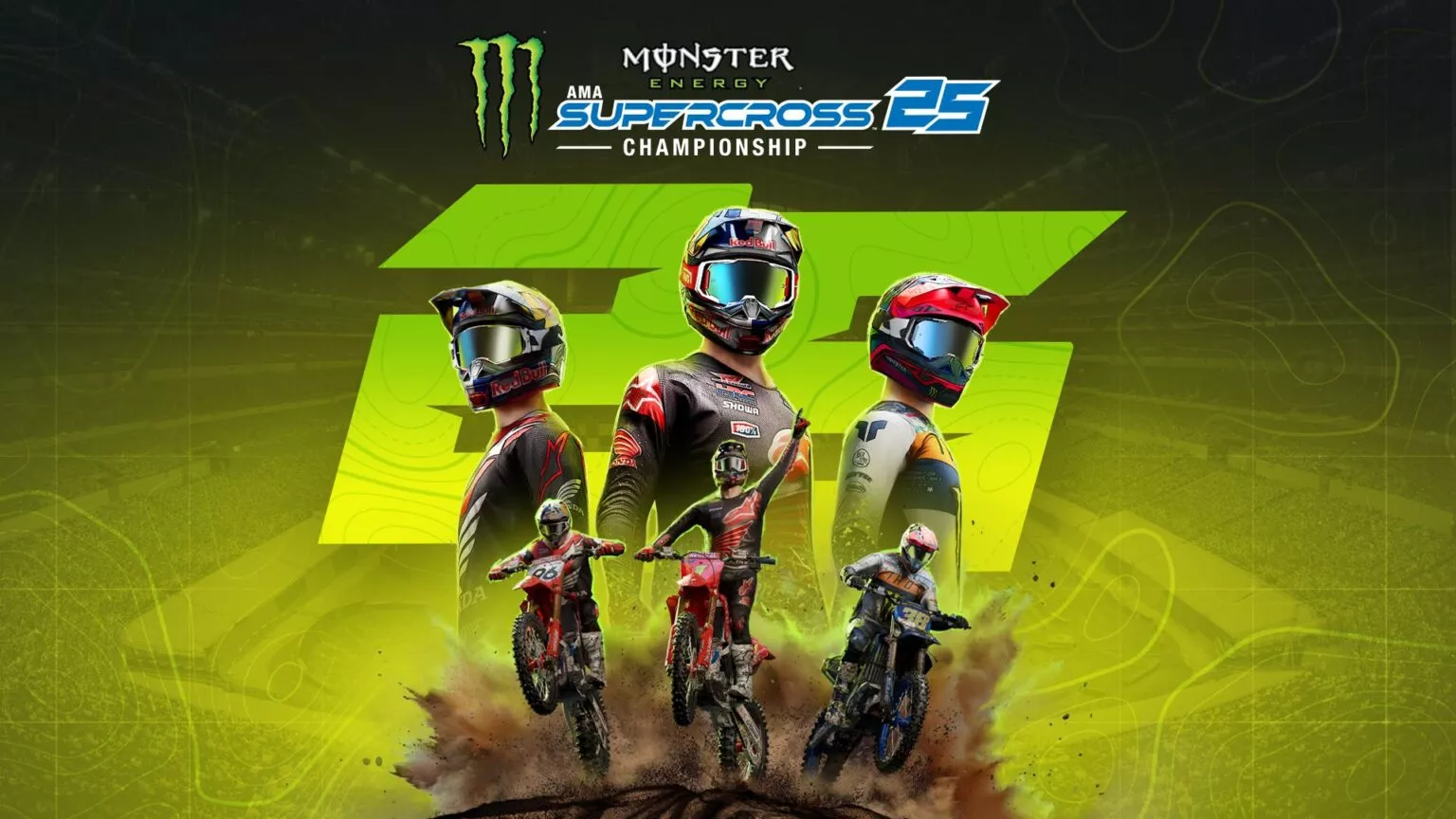 Imagen promocional para el juego de campeonato Monster Energy AMA Supercross 2025 con imágenes de Hunter Lawrence, Jett Lawrence y Haiden Deegan
